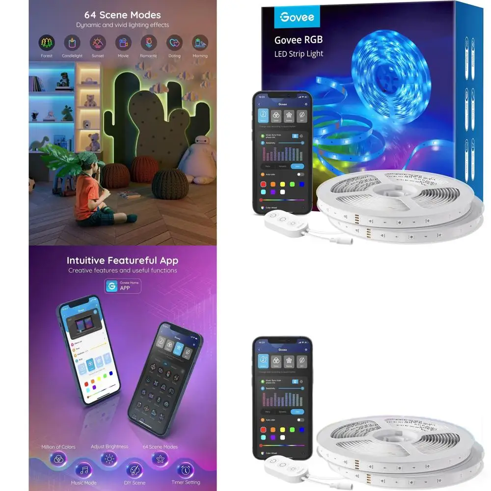

2-рулонные светодиодные ленты RGB длиной 100 футов для спальни, совместимые с Alexa и Assistant, 64 цвета, синхронизация с музыкой, для домашнего декора