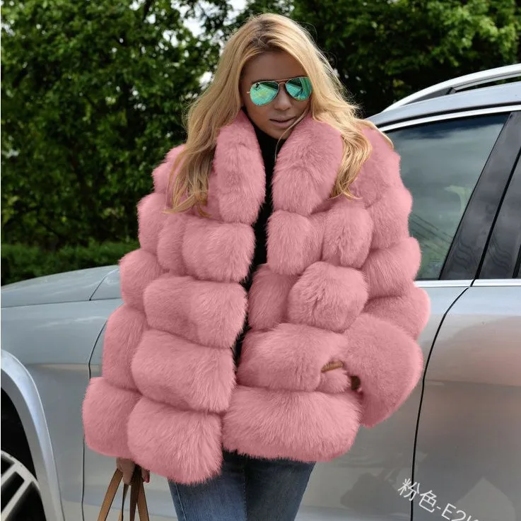 

New Women Winter Faux Fox Fur Coats Turn Down Collar Thick Warm Lady Mink Fur Jacket Elegant Open Stitch Warm Female Fur Jacket