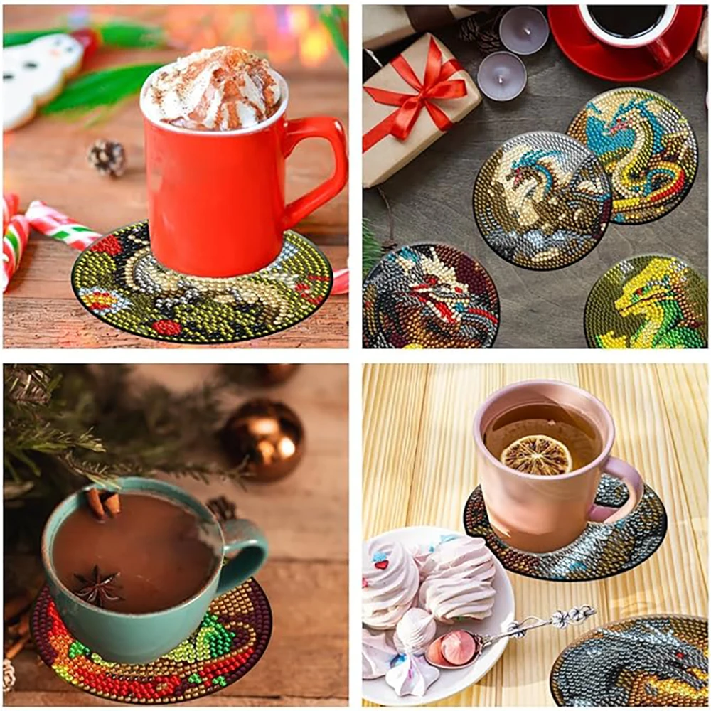 8 pieces/set Dragon Diamond Painting Cup Mat Set, DIY Cup Mat with Bracket for Beginners, Art and Craft Supplies Gift