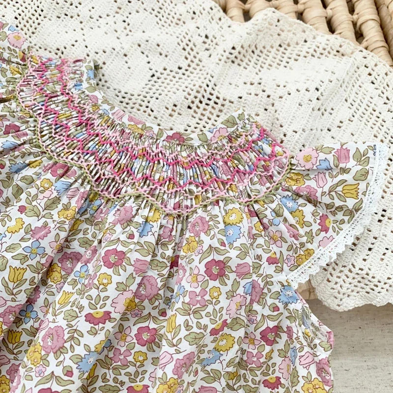 100% Cotton Smocking Hand Embroidery New Toddler Girl Dresses Baby Summer Dress Kids Girls Flying Sleeves Casual Soft Girl Dress