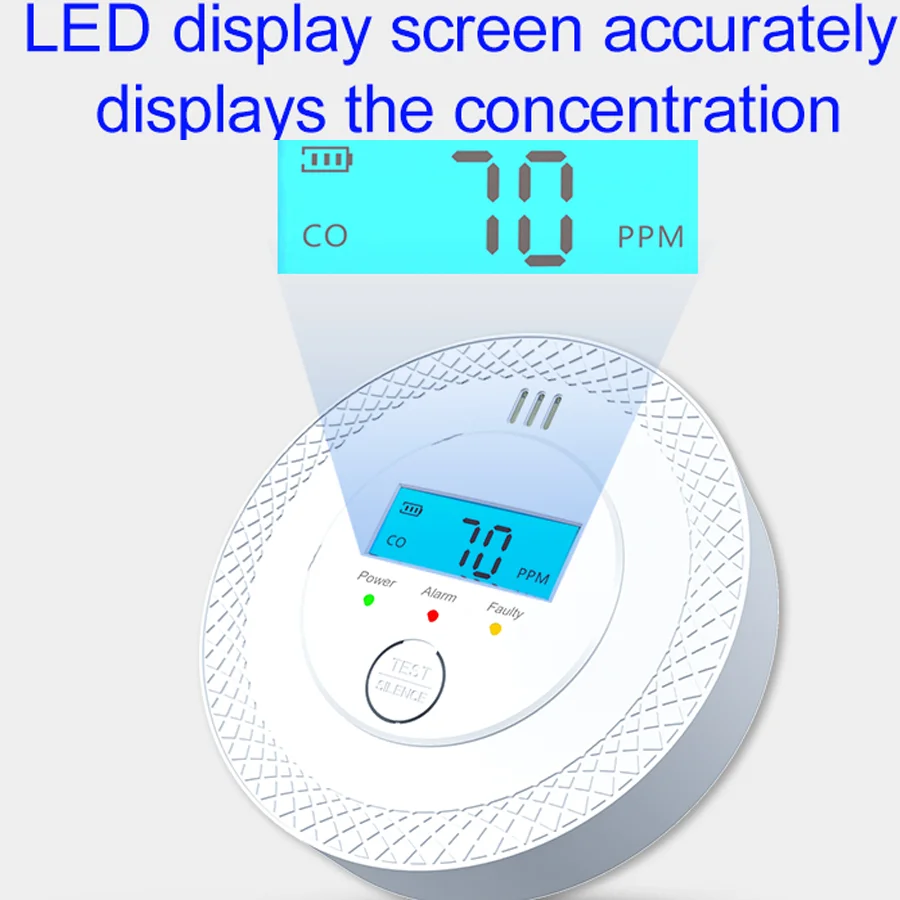 كاشفات أول أكسيد الكربون جهاز كشف إنذار ثاني أكسيد الكربون المستقل مع شاشة رقمية لمكتب المطبخ والمطعم والفنادق