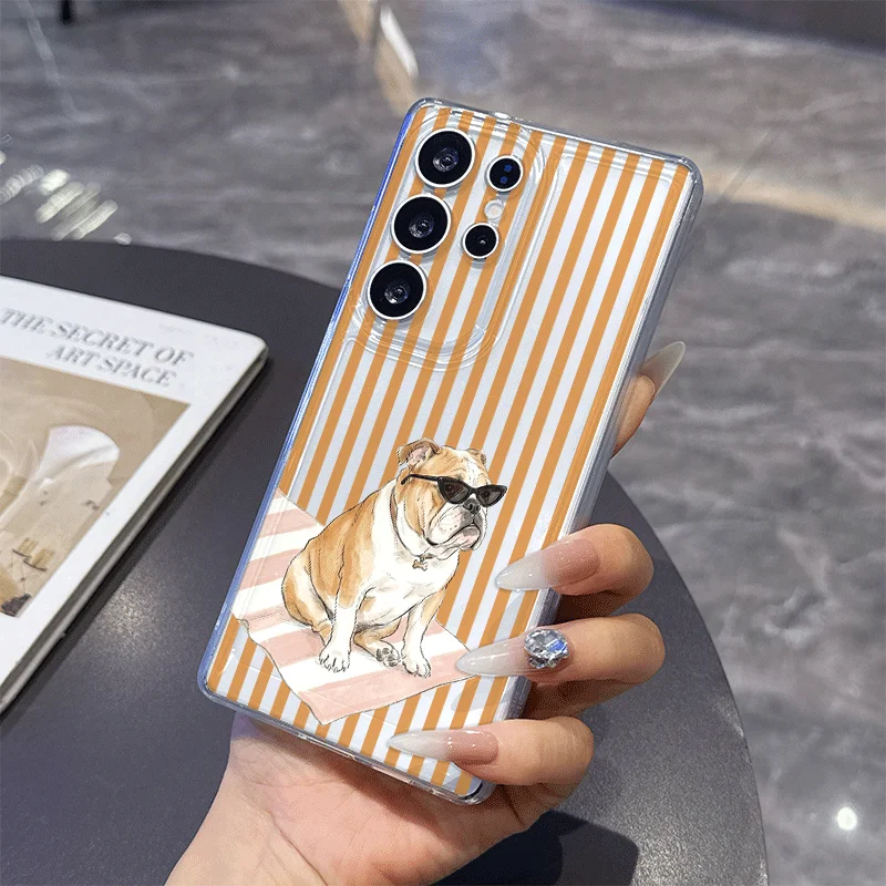 Cute Pug Dog French Bulldog Clear Phone Case for Samsung Galaxy A57 A55 A54 A53 A52 A51 A16 A36 A14 A56 Pink Striped Soft Cover