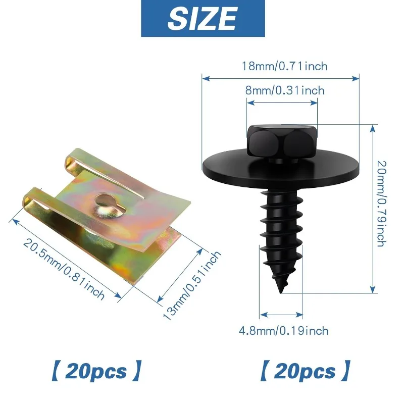 40Pcs Screw Nut Clips Kit  Body Fender Screws Bumper Guard Plate Fixing Bolts U Type Fastener Clip Wheel Arch Undertray Fender