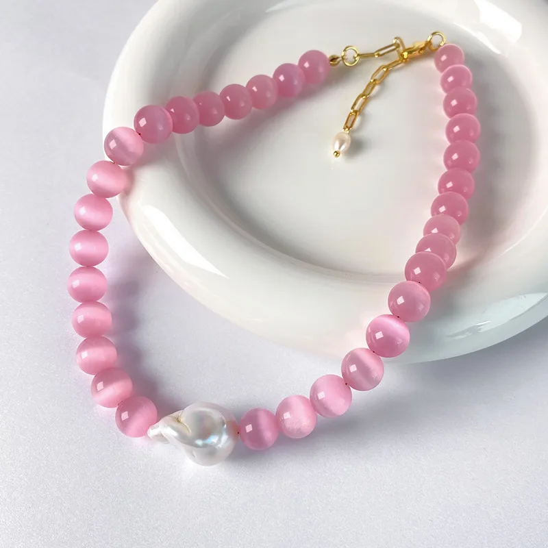 1pcs/ natural Baroque Pearl Pink Opal Necklace fashionable atmosphere Joker short clavicle chain simple and high sense