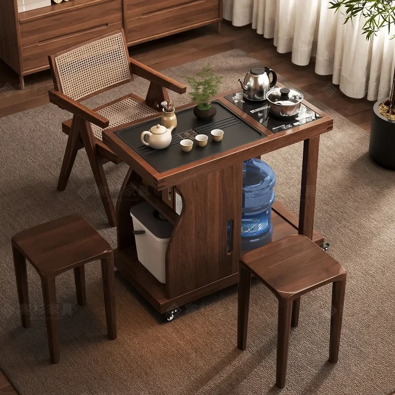 Solid Wood Tea Table with Cabinet Small Apartment Household Kettle Integrated Movable Balcony Coffee Table