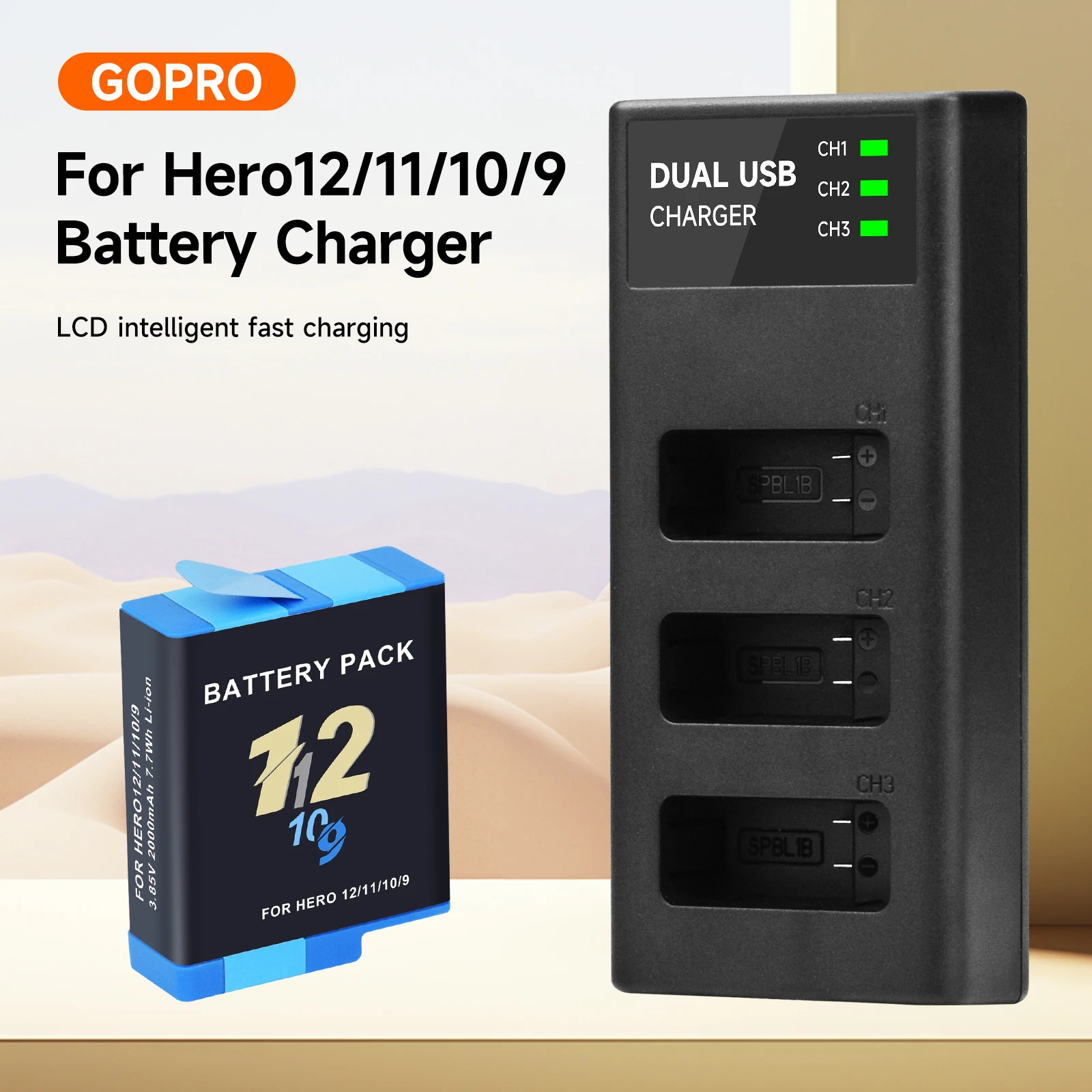 PALO 2000mAh 3.85V Rechargeable Battery Li-ion Camera Batteries with LED Gopro Battery Charger Suitable for Go Pro 12/11/10/9