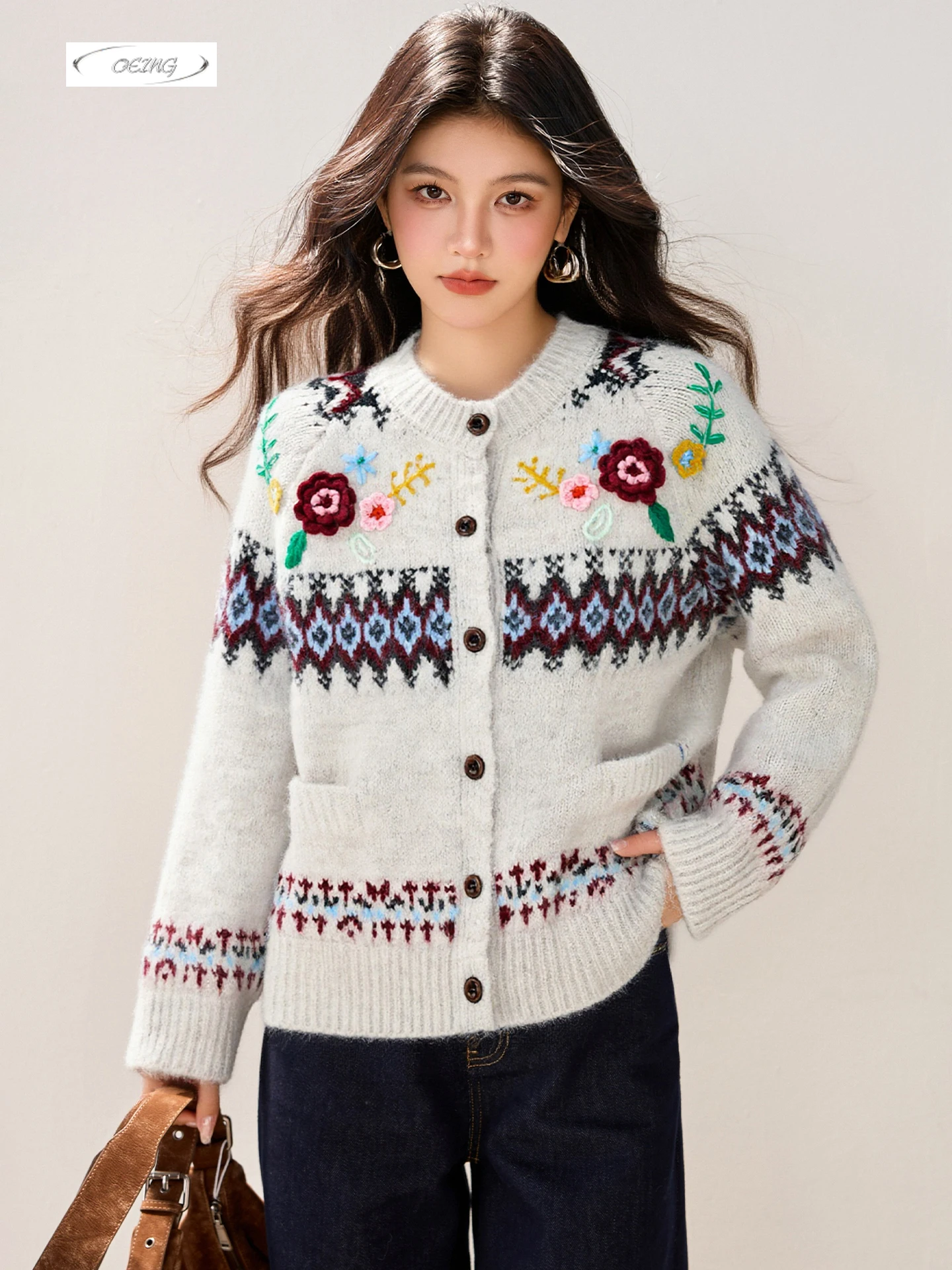 

Осень-зима, длинный свободный вязаный свитер с круглым вырезом и цветочным принтом, кардиган, пальто, женские топы, элегантное милое однобортное пальто 9783