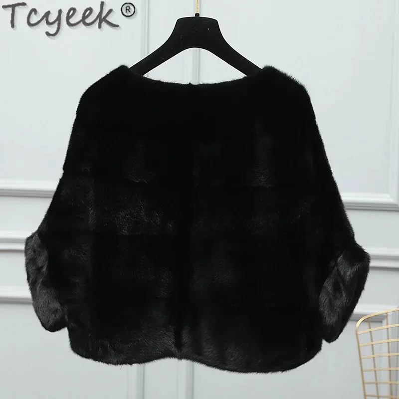 Tcyeek-Jaqueta de pele real para mulheres, patchwork, vison, casaco curto, pulôver feminino, moda inverno, 2024