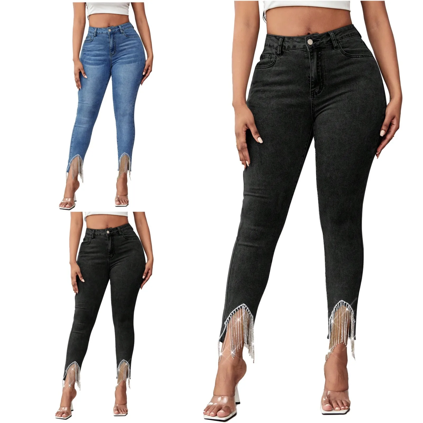 Women's High Waist Leggings Fringe Jeans With Pockets Denim Trousers on Pants Women