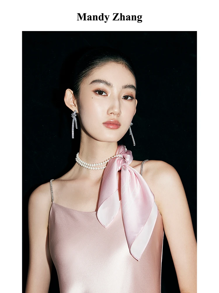 

Romantic MandyZhang 100% Silk Shiny Printed Square Scarf Ribbon Women Summer Versatile Accessory Hair Band