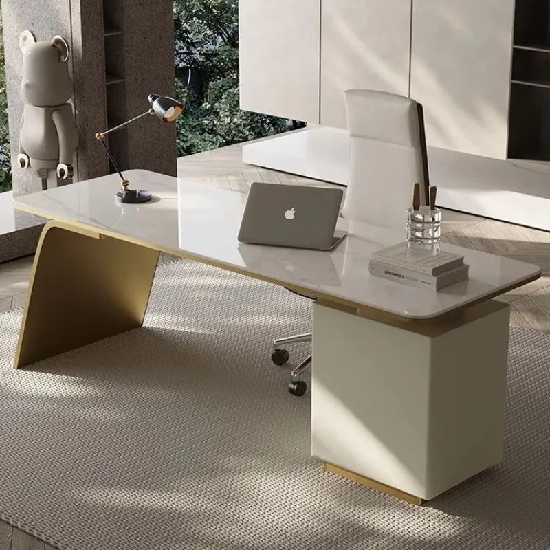 Light Luxury Modern Marble Top Computer Office Desk and Chair High Quality Stainless Steel Executive Home Office Furniture Desk