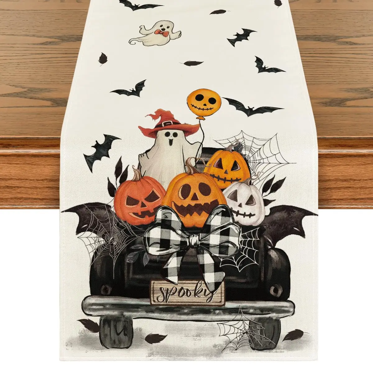 

Jack-O'-Lantern Pumpkins Ghost Spooky Black Truck Halloween Table Runner, Kitchen Dining Table Decoration for Home Party Decor