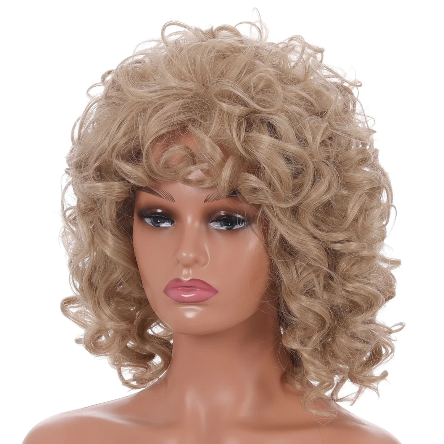 Women Curly Blonde Synthetic Wig with Bangs Glueless Short Afro Kinky Curly Wig Female Heat Resistant African Fluffy Wave Hair