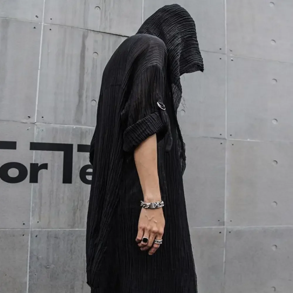 Nightclub DJ Hooded Cardigan Punk Rock Hip Hop Long Shirt Black Hooded Cloak Men New Oversize Blouse Gothic Vintage Streetwear