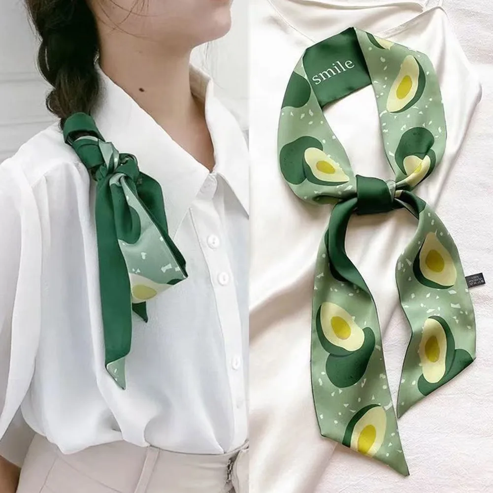 1 PC Women Narrow Thin Scarf Fruit Print Long Silk Scarf Women Handle Bag Ribbon Multi-Function Decorative Hair Tie Band