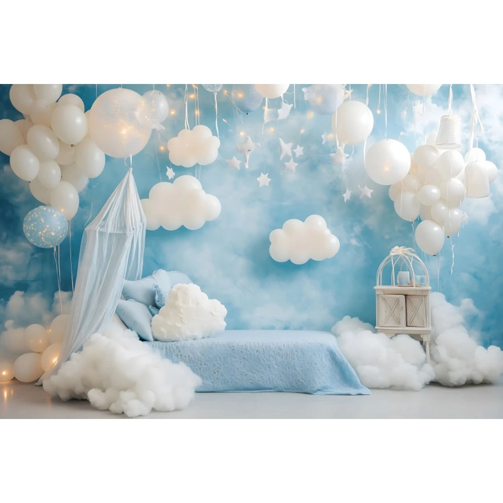 Blue Sky Clouds Hot Air Balloons Background for Photography Props Baby Shower Cake Smash Boy 1st Birthday Backdrop Banner