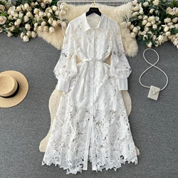 High Quality Luxury Lace Hollow Out Women Spring Summer Turn Down Collar Single Breasted Belt Party Holiday Casual Dresses