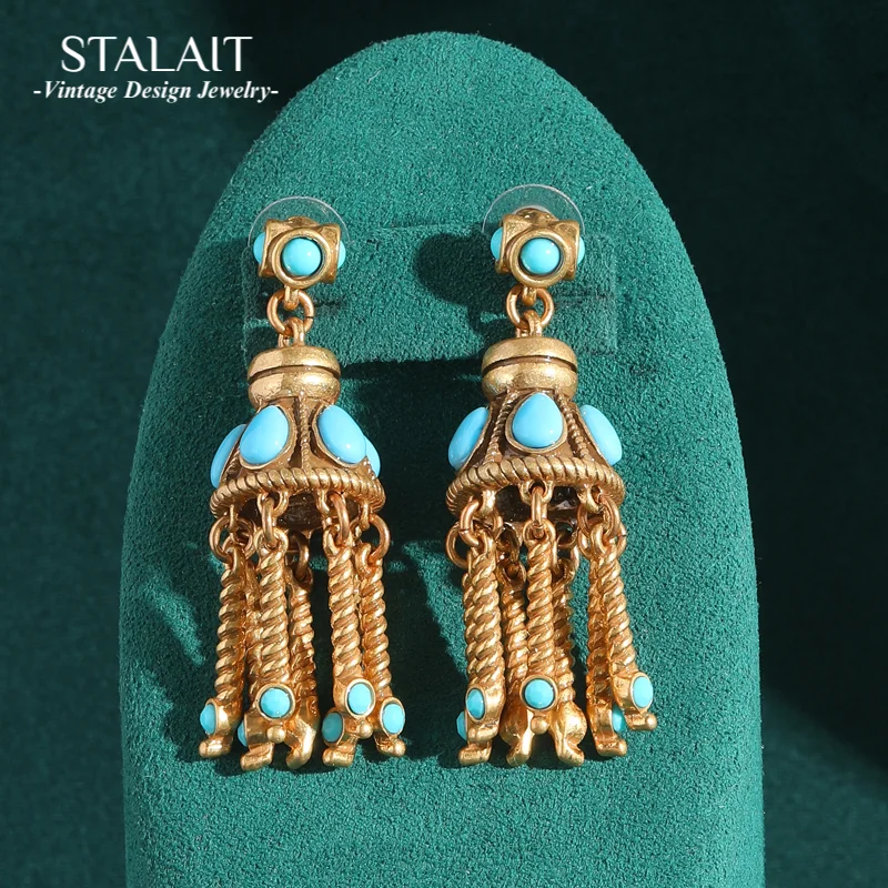 

Luxury Gothic Natural Stone Drop Dangle Earrings Woman Wind Chimes Gold Color Tassels Long Charm Vintage Jewelry 2025 Trending