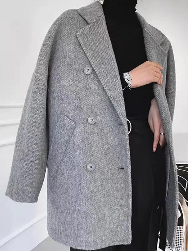 LANMREM Wool Blend Coat For Women 2024 Spring Winter New Notched Double Breasted Belt Short Coats Female Fashion Clothing 2R4681