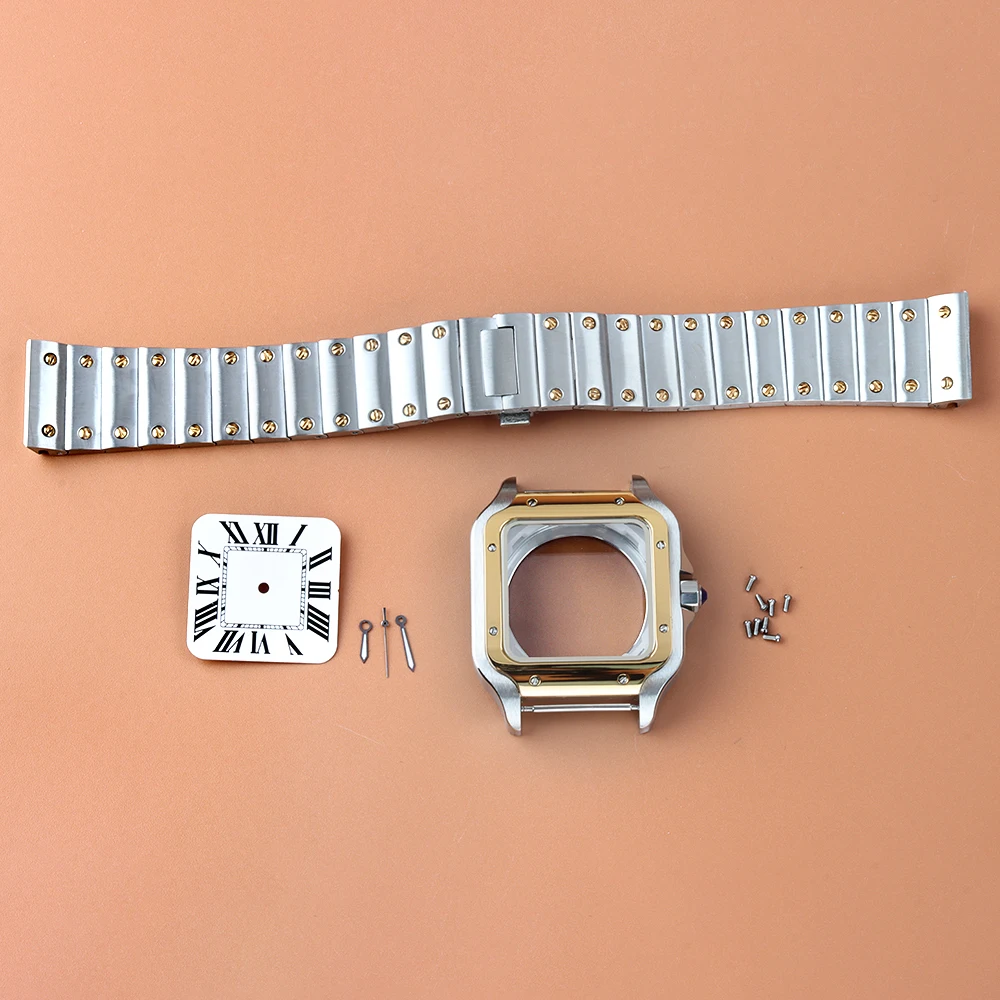 

38mm NH35 Gold Square Watch Case Stainless Steel Bracelet 27mm Dial/Hands For Santos Modification Parts NH35 NH36 NH38 Movement