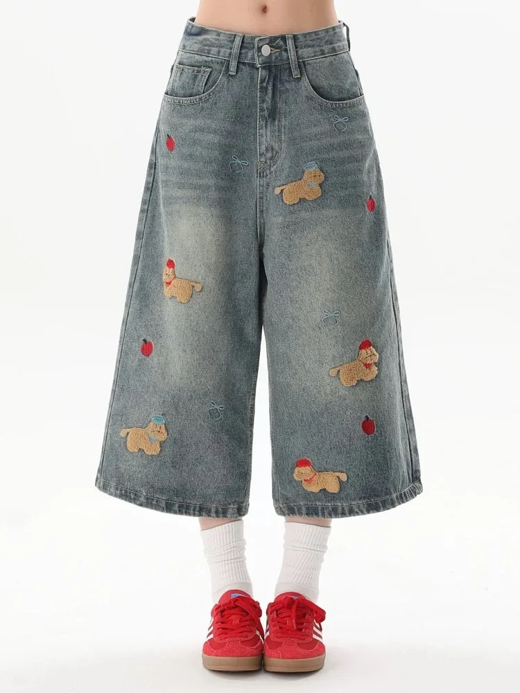 

Women Fun Dog Embroidered Cowboy Shorts Summer Trendy Loose Pants Spicy Girl Style Distressed Denim