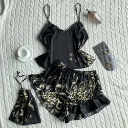 Summer Pajamas Set for Women Sleepwear 3 Pcs Silk Floral Print CropTops and Shorts with Hanging Bag Loungewear