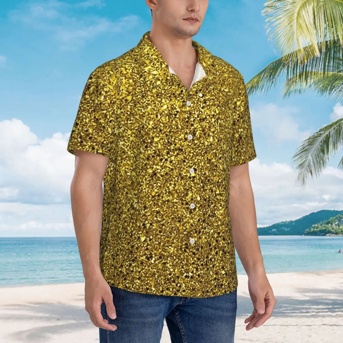 

Золотые блестящие абстрактные гавайские рубашки, забавные мужские рубашки с коротким рукавом для лета, пляжа, мужские топы на пуговицах