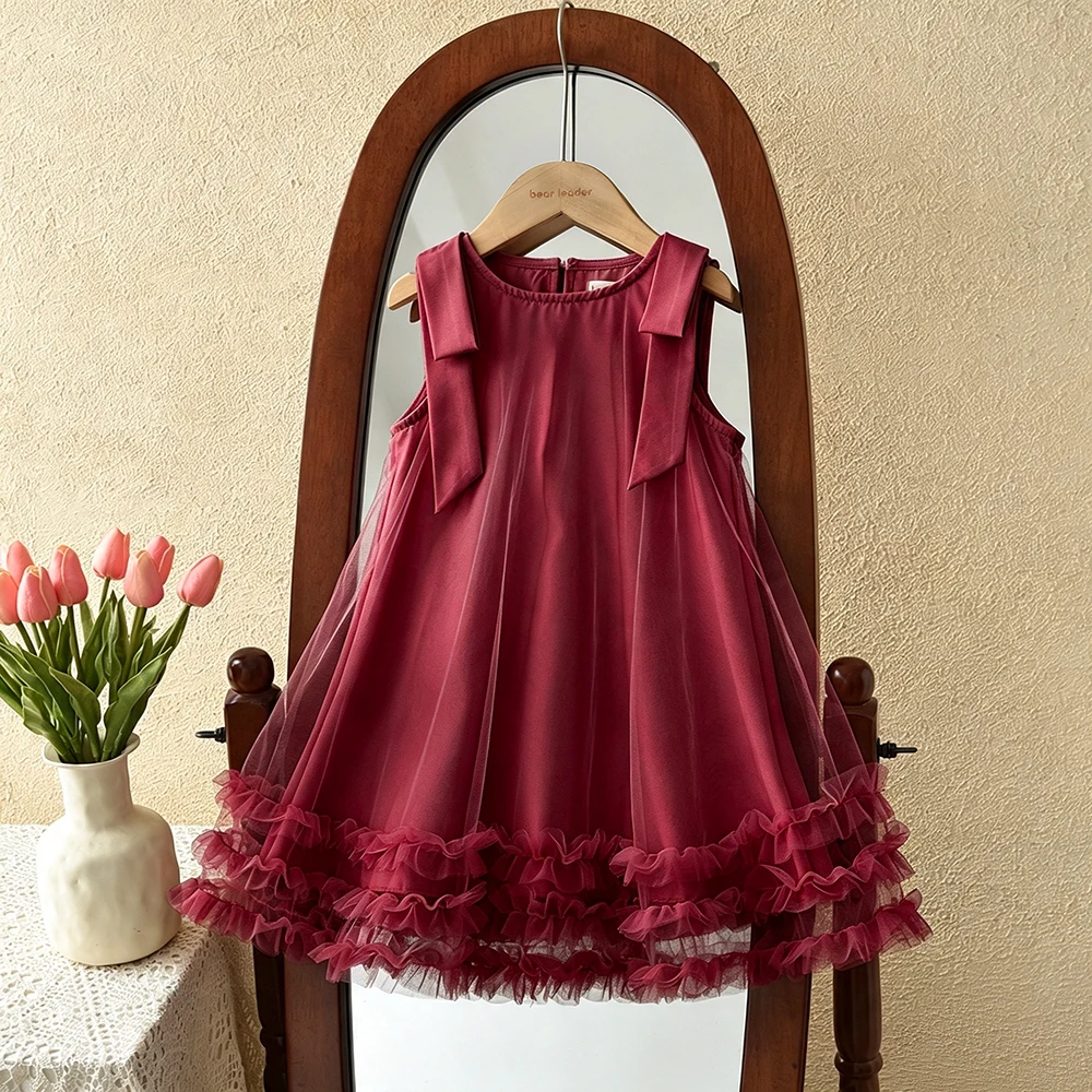 Red Bow Mesh Spliced Princess Dress Summer Sleeveless Children's Clothing Korean Version Sweet and Cute New Year Girls' Dresses