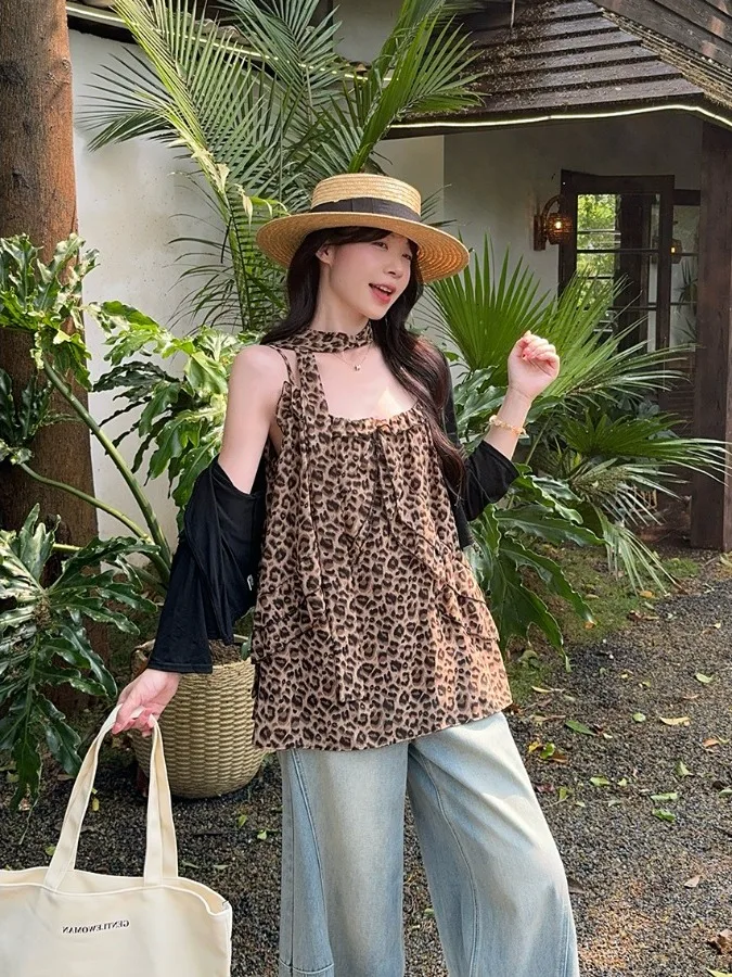

plus Size Women's Summer Slim Fit Leopard Print Sleeveless Tank Top And Cardigan Two Piece Set Korean Style Commute Fashion