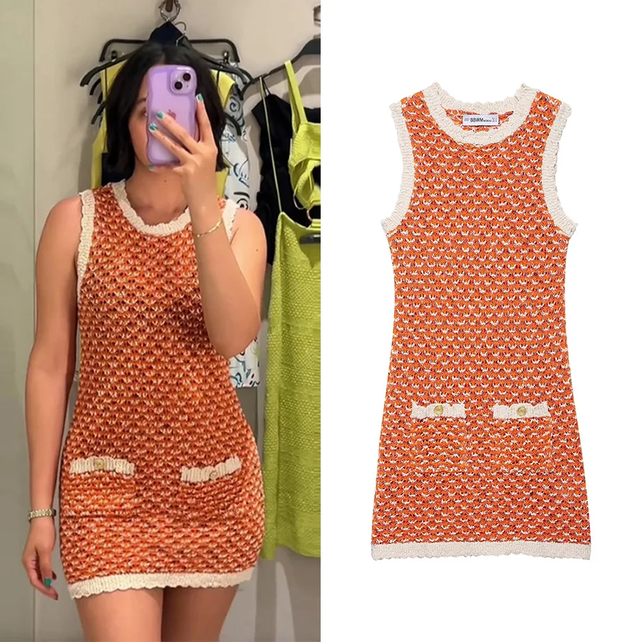 EDSA Mini abito da donna in maglia strutturata senza maniche girocollo aderente abiti corti femminili con doppie tasche