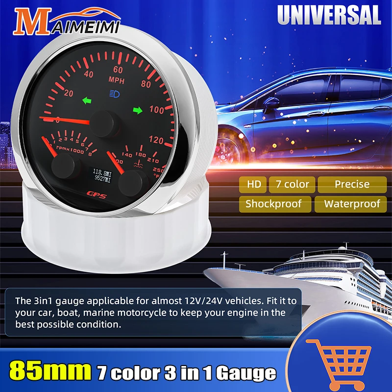 3 In 1 85mm Car Gauge 120MPH Speedometer 8000PRM Tachometer °F Water Temperature Gauge 7-color Backlight For 12v 24v Car Boat