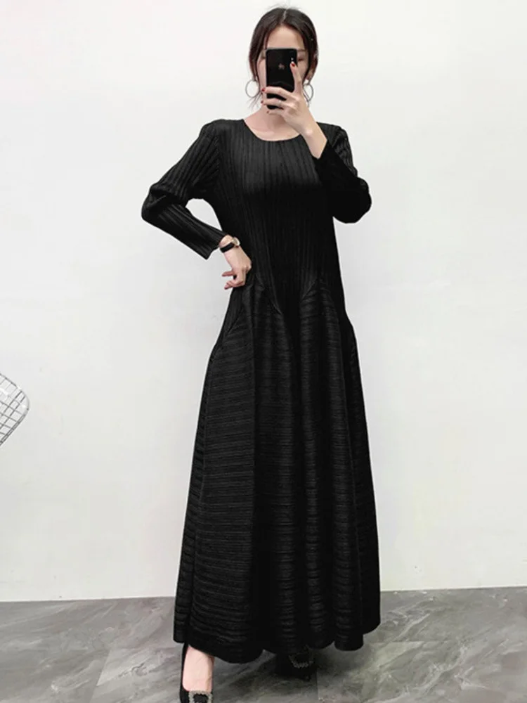 Lanmrem-Vestido maxi plissado para mulheres, gola redonda, mangas compridas, monocromático, babados bainha, vestido de festa feminino, novo, PD113, 2021 Outono