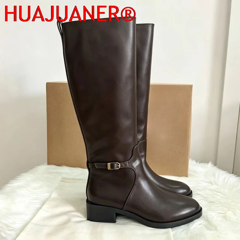 Winter Women's Boots Round Toe Thick Heel High Heels Fashion Knight Long Tube Boot PU Leather  Brown Chunky Heel Knight Shoes
