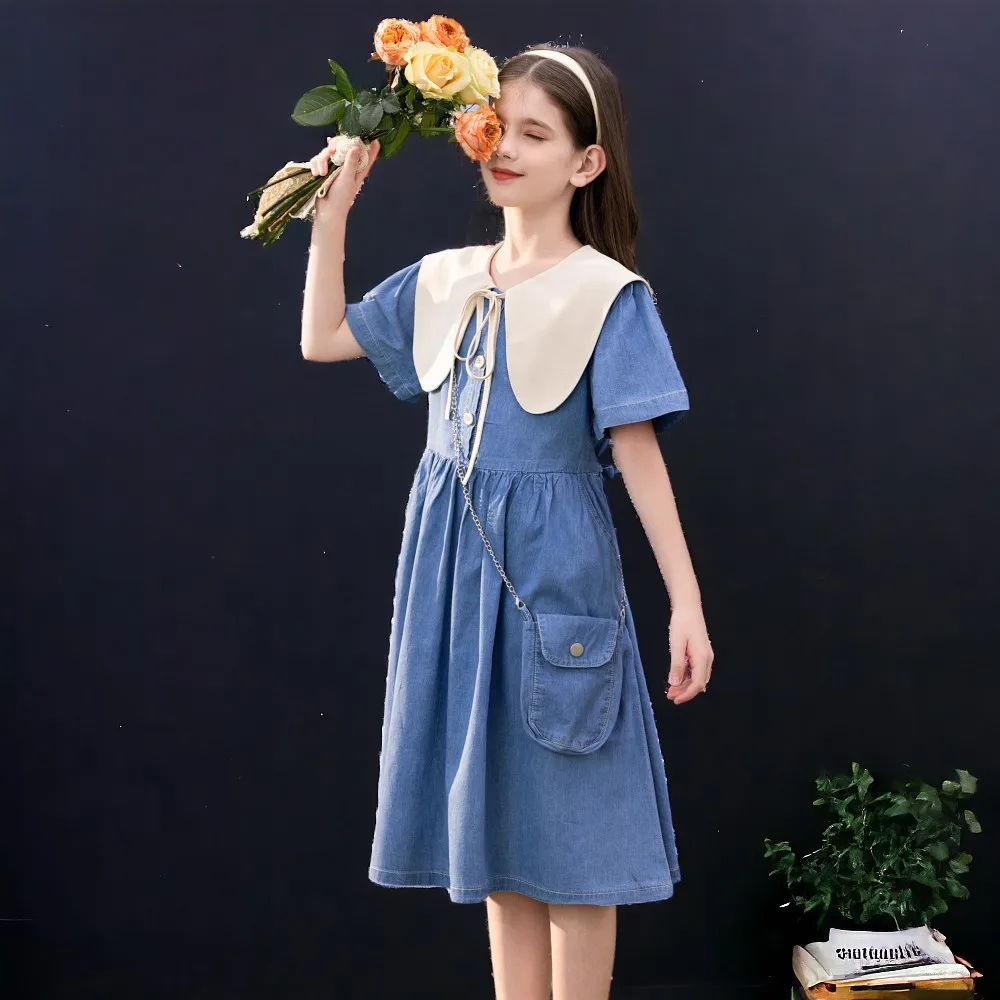 Summer Girls Denim Dresses Baby Girl Beach Outfits Teenagers School Preppy Dress Short Sleeve Children Costumes 6 8 10 12 Years