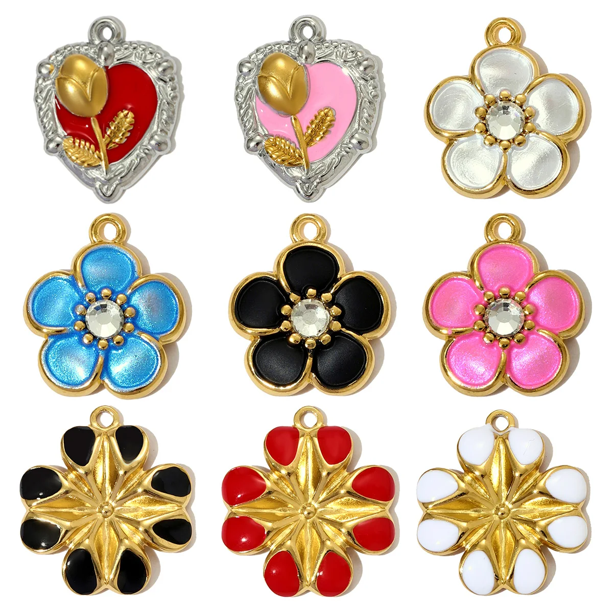3Pcs/Lot Stainless Steel Flower Charms Two Tone Heart Necklace Pendants For Making Women Fashion Jewelry Accessory Wholesale