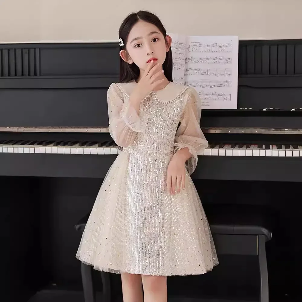 

Children's Dress Little Girl Spring 2024 New Long sleeved Trendy Daily Piano Performance Dress High end Women's Dress