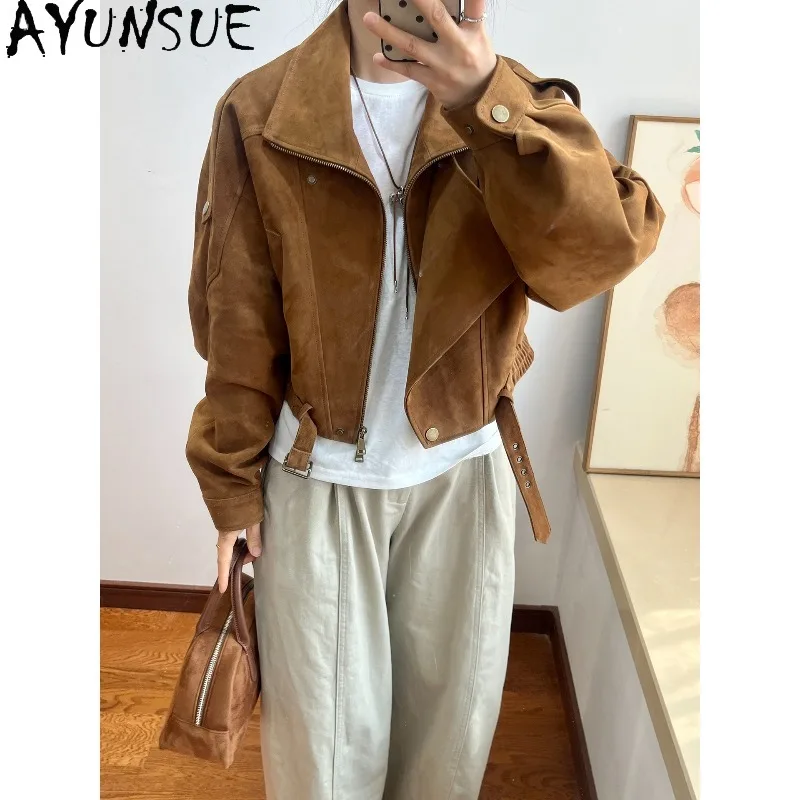 AYUNSUE Real Leather Jacket Woman Crossbred Goat Suede Motorcycle Jackets Fashion Short Coat Autumn Woman Clothes Кожаная Куртка