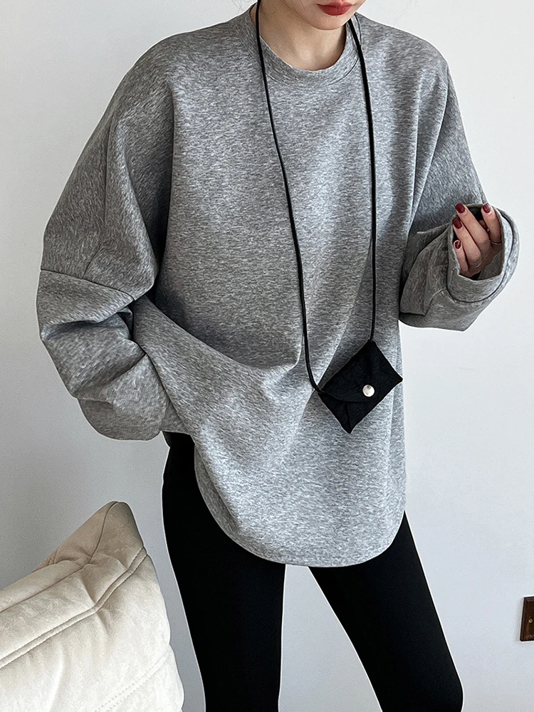 [LANMREM] Minimalism Casual Loose Sweatshirt For Women Round Neck Long Sleeve Korean Style Top Fashion 2024 Autumn New 26D9910