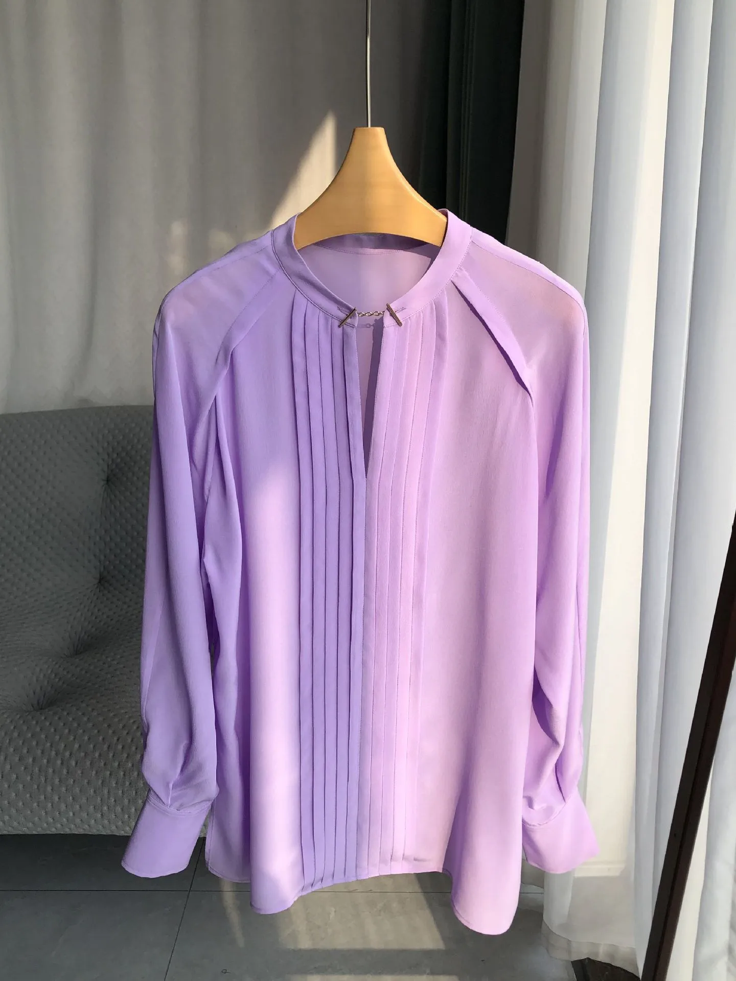 100% Silk Women Purple Blouse Casual Pleated Long Sleeve V-Neck Spring New 2024 Ladies Shirt Tops