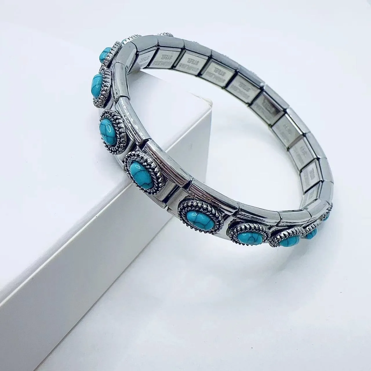 

Oval Retro Turquoise Italian Charm Stainless steel 9mm Module Bracelets For Women Men New Trendy Bangles DIY Making Vintage Gift