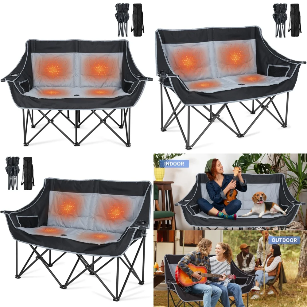 

camping chairOversized Heated Double Camping Chair Folding Fully Padded Portable with Carry Bag for Outdoor Travel Hiking
