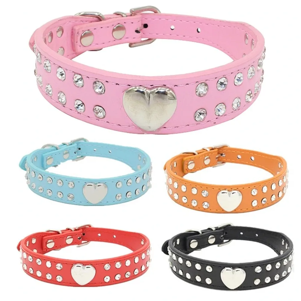 Shiny Rhinestone Pet Collar Heart Shape Dog Collar Comfortable PU Leather Dog Leash Collar Chihuahua Yorkie Greyhound Whippet