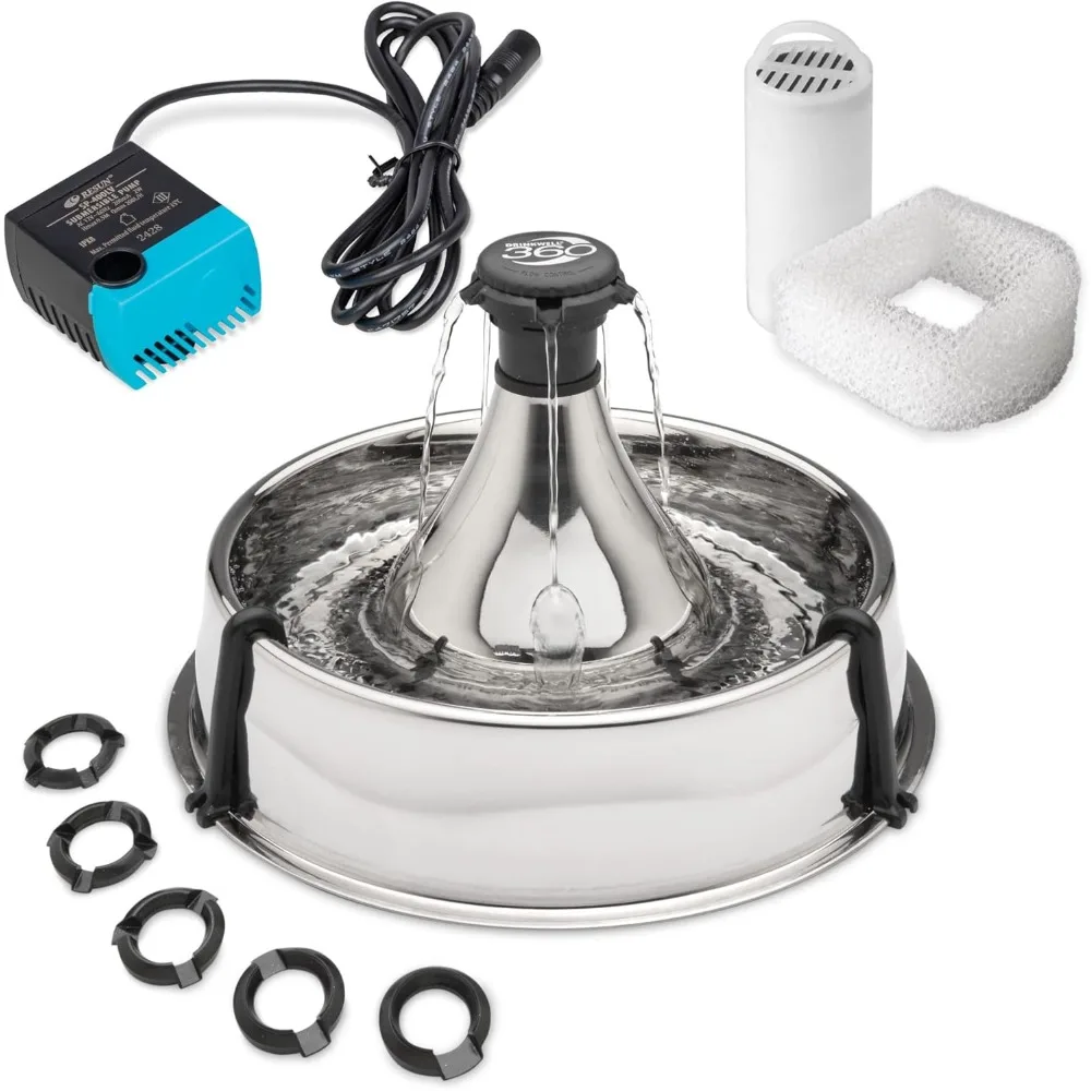 

Stainless 360 Pet Fountain - 1 Gallon (128 oz) Dog and Cat Water Fountain - Water Filters Remove Hair - Water Dispenser Entices