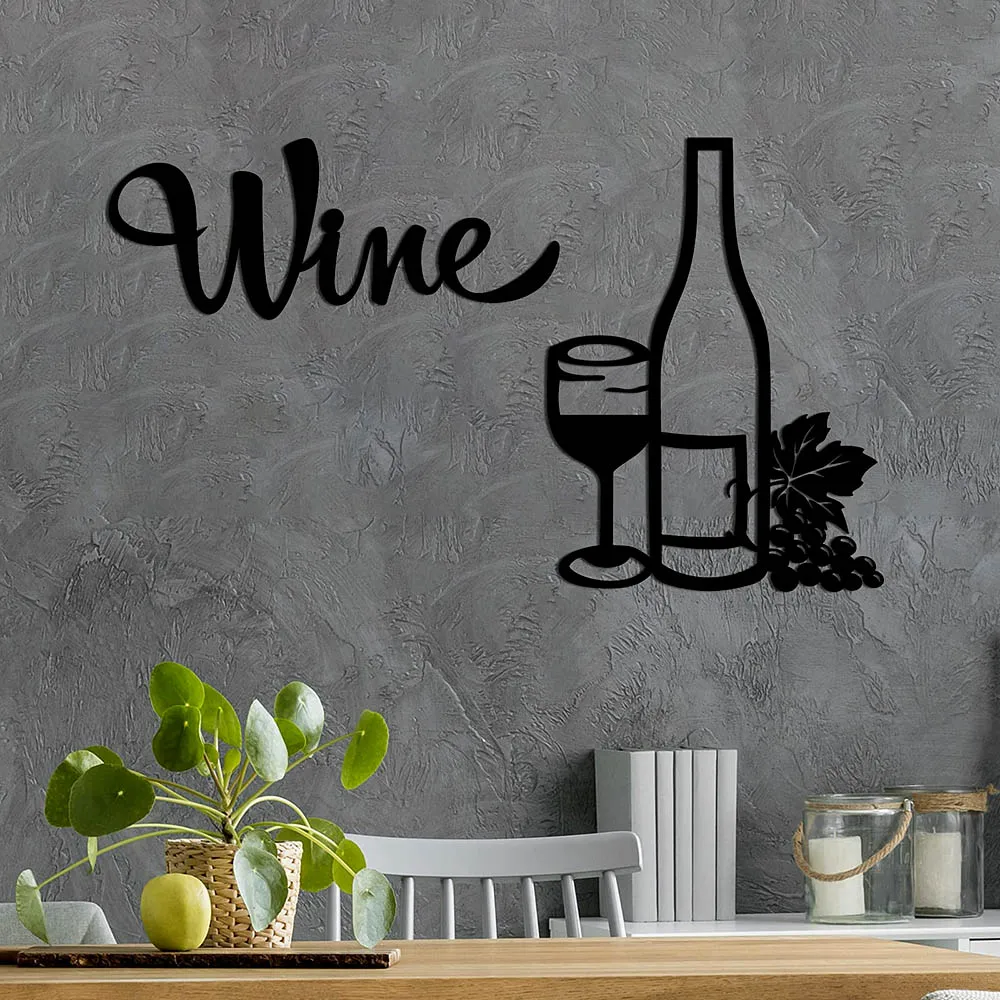 2 Pieces Set Wine Bottle Glasses Wall Art Metal Decor Signs Black Cutout Plaque Restaurant Kitchen Bar Decoration