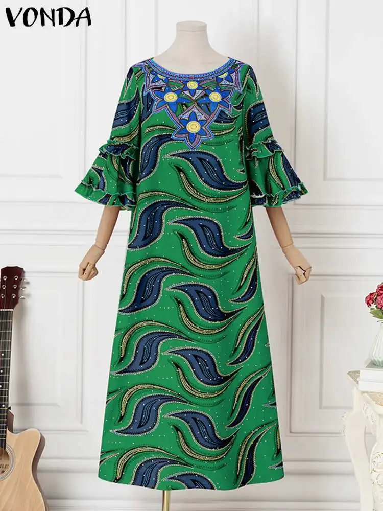 Plus Size VONDA Maxi Dress Women Vintage Bohemian Floral Printed Dresses Ruffled 3/4 Sleeve Long Sundress Casual Pleated Robe