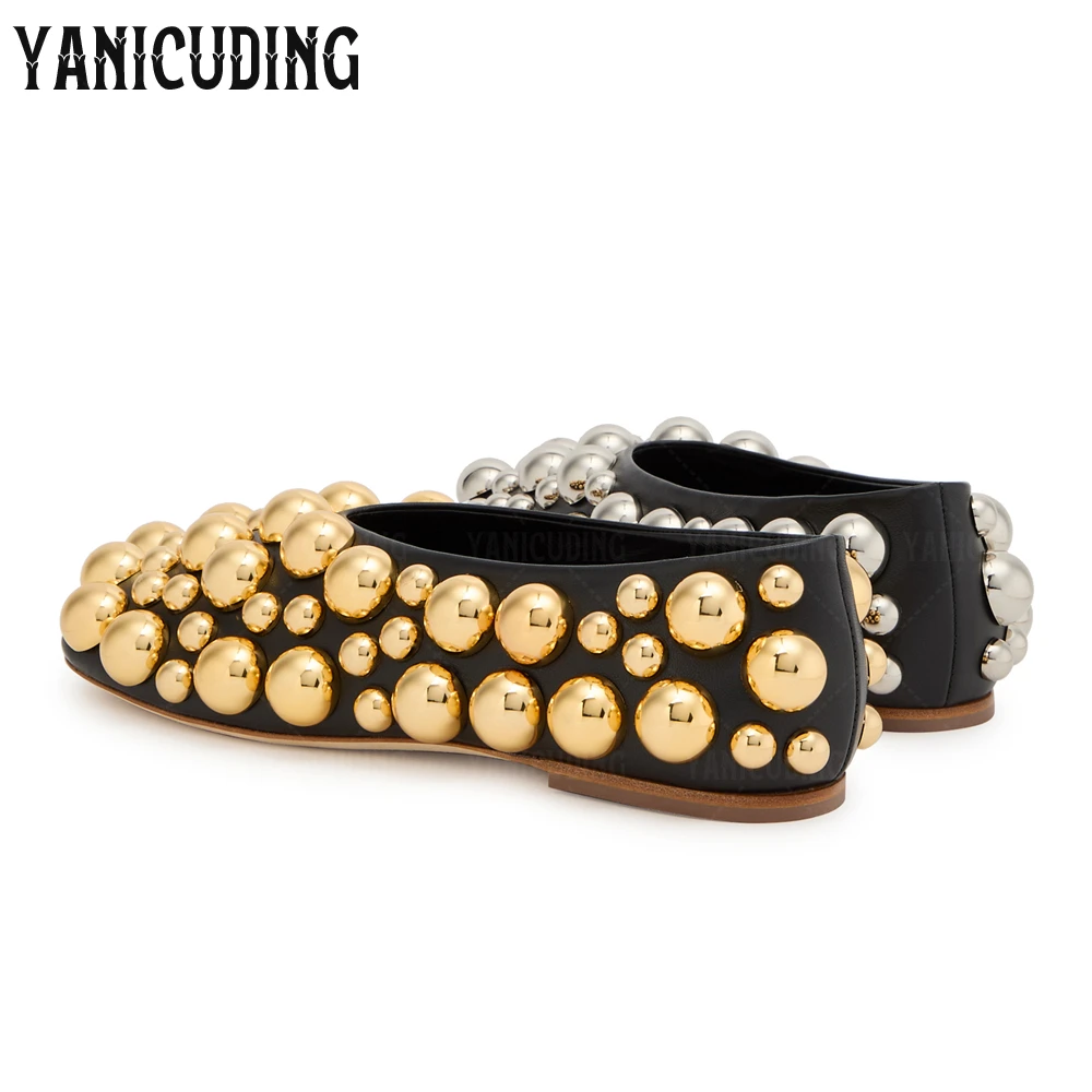 Metallic Stud-Embellished Ballerinas Silver Gold Embellished Black Leather Flats Square-Toe Bubble Beads Women's Elegant Loafers view 3