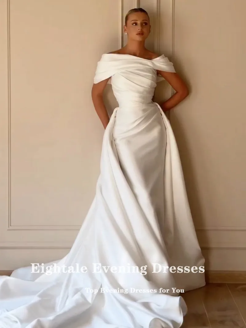 Eightale Arabic Wedding Dress Customized Ivory off Shoulder Bridal Gown Satin Muslim Mermaid Bride Party Dress