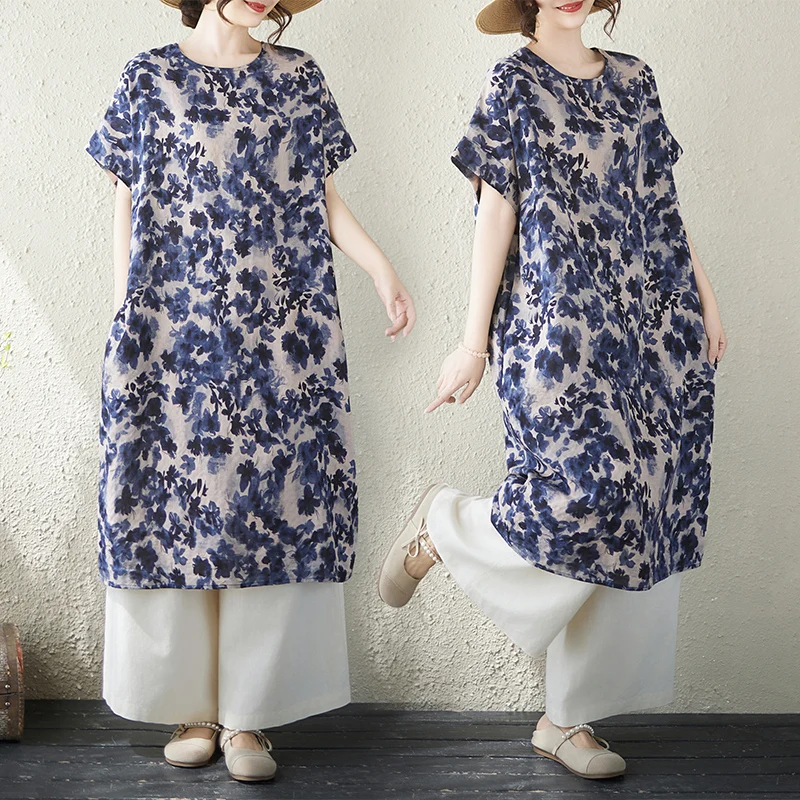

Summer New Thin Cotton And Linen Twist Artistic Women's Knee-Length Midi Dress Short Sleeve Elegant Loose Fit Citywalk Dress
