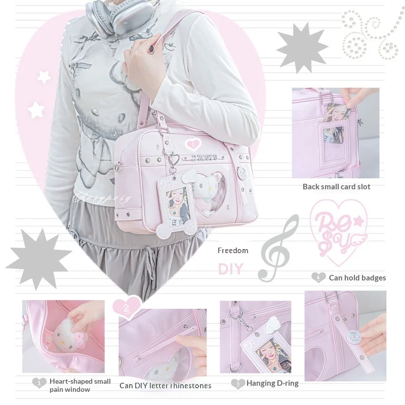 RosyPosy Ita Bag Motorcycle Style Pu Leather Crossbody Handbag Heart Window Display Photocard Diy Korean Fashion For Women Daily - view 2