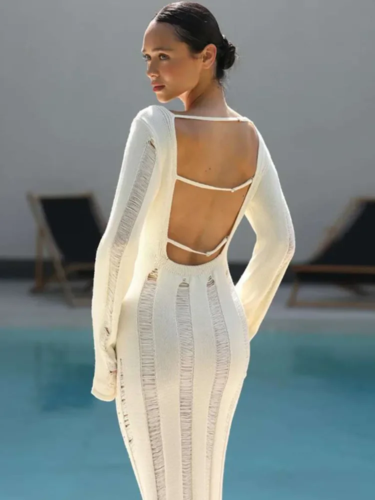 Chaxiaoa-maxivestido Sexy de punto de manga larga con espalda descubierta para mujer, vestido largo elegante con agujeros para fiesta y discoteca